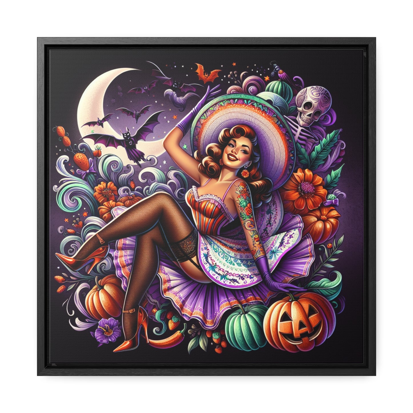 Halloween Pin Up Girl Wall Art on Canvas with Frame