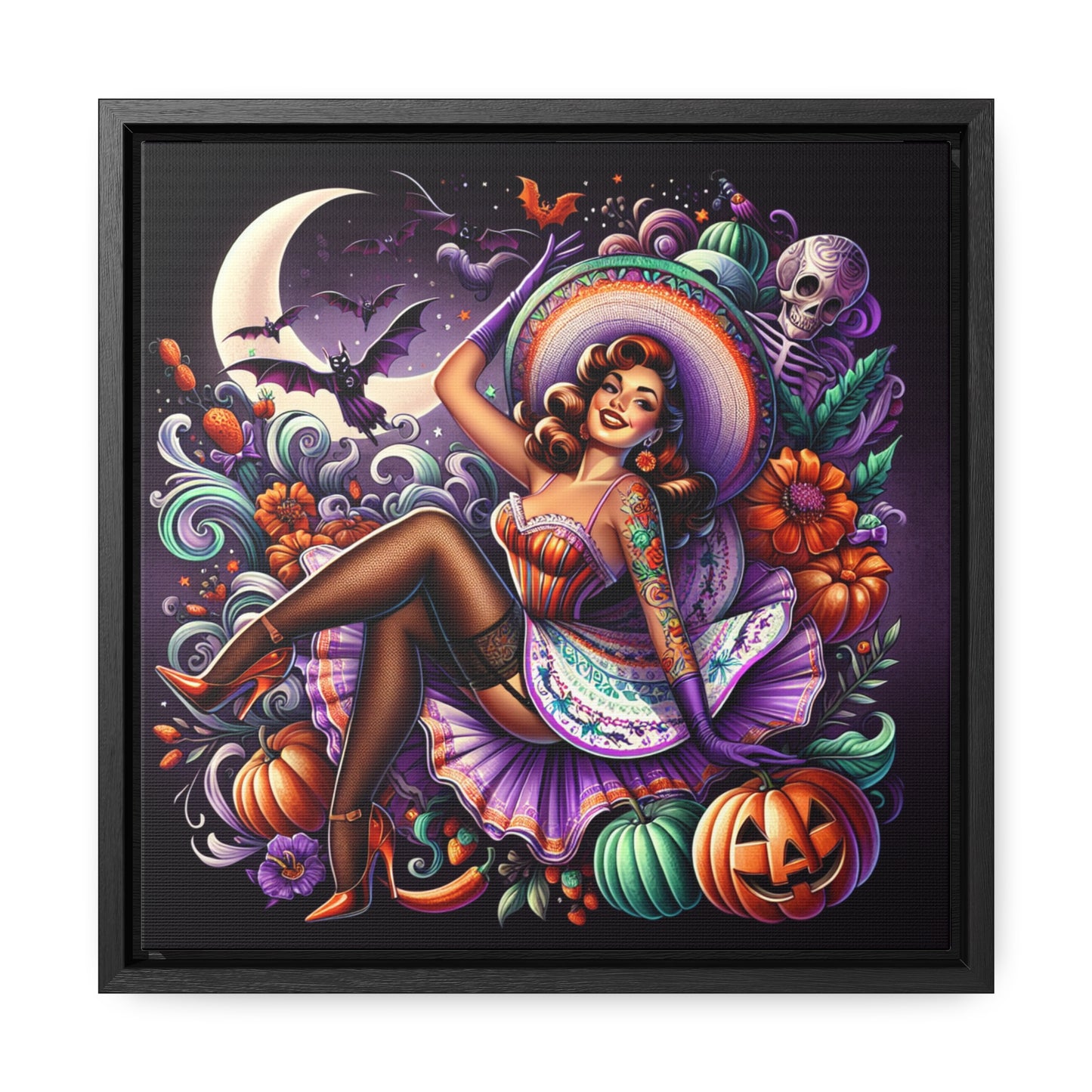 Halloween Pin Up Girl Wall Art on Canvas with Frame