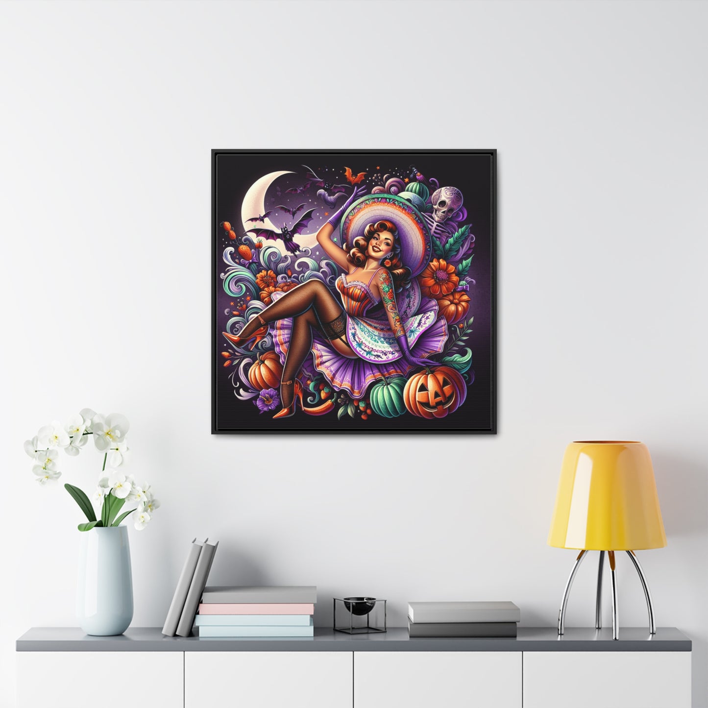 Halloween Pin Up Girl Wall Art on Canvas with Frame