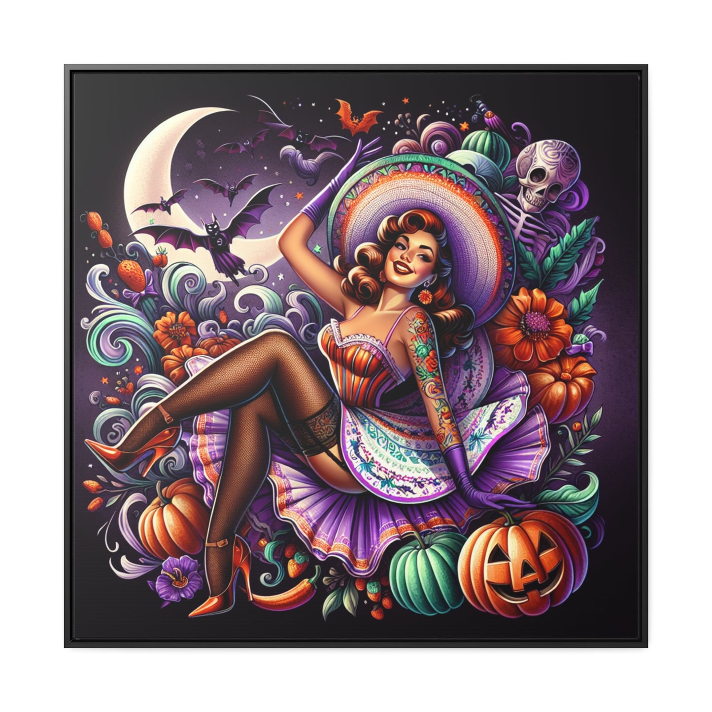 Halloween Pin Up Girl Wall Art on Canvas with Frame