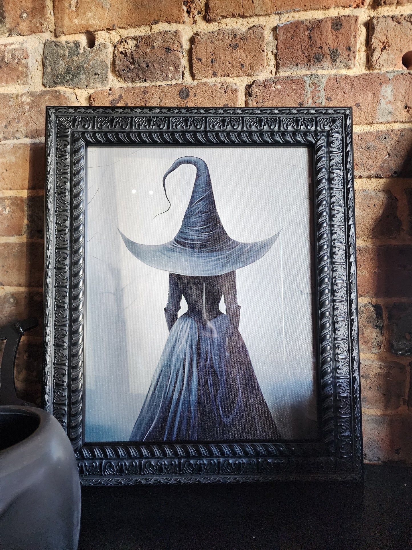 Ghostly Silhouette Black Witch Framed Canvas Print