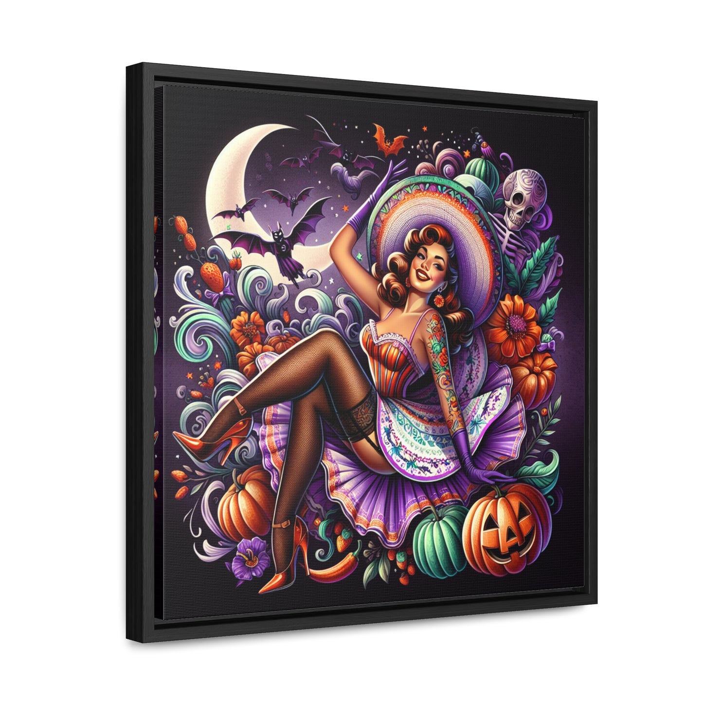 Halloween Pin Up Girl Wall Art on Canvas with Frame