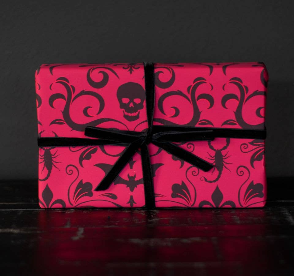 Skull Damask Gift Wrap - Red (8ft Roll)