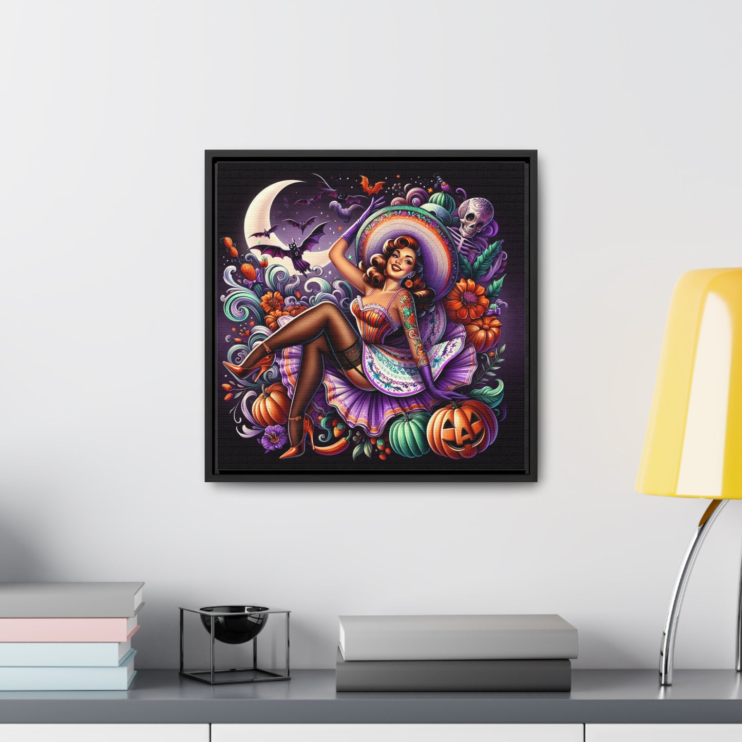 Halloween Pin Up Girl Wall Art on Canvas with Frame