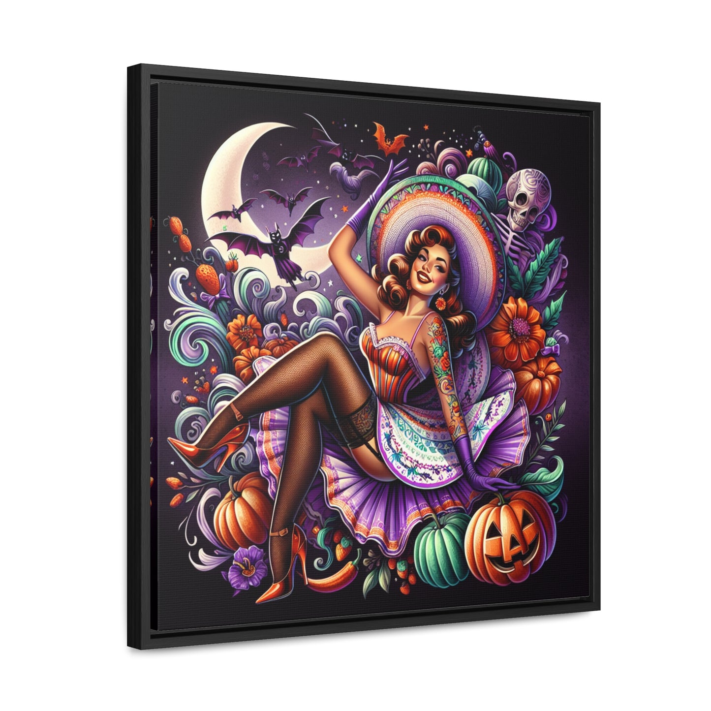 Halloween Pin Up Girl Wall Art on Canvas with Frame