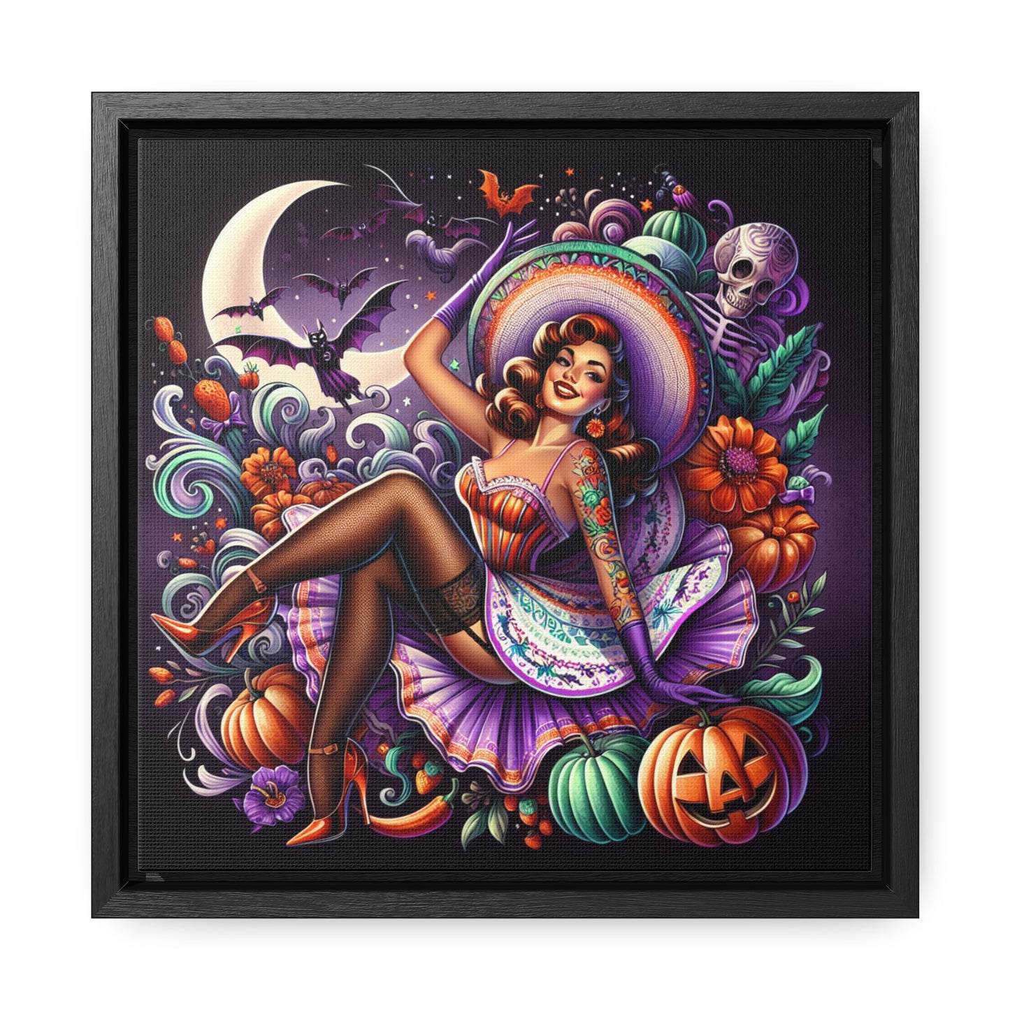 Halloween Pin Up Girl Wall Art on Canvas with Frame