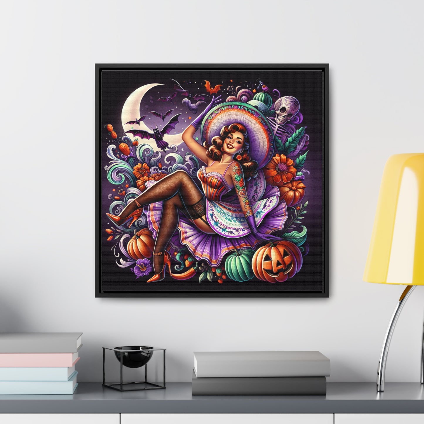 Halloween Pin Up Girl Wall Art on Canvas with Frame