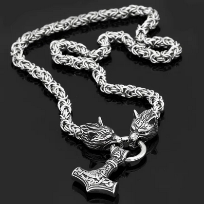 Thor's Hammer Wolf Viking Necklace