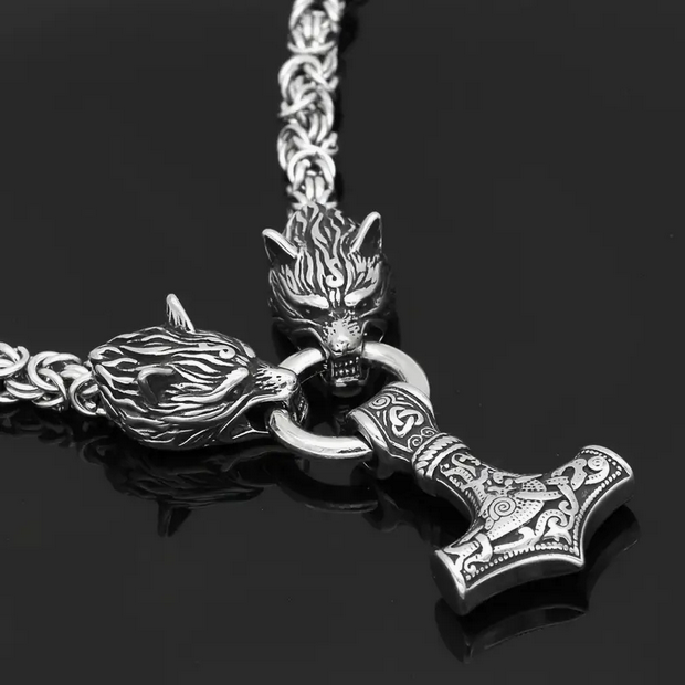 Thor's Hammer Wolf Viking Necklace