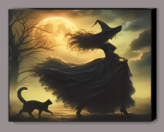 Moonlight Witch and Her Black Cat Canvas Print