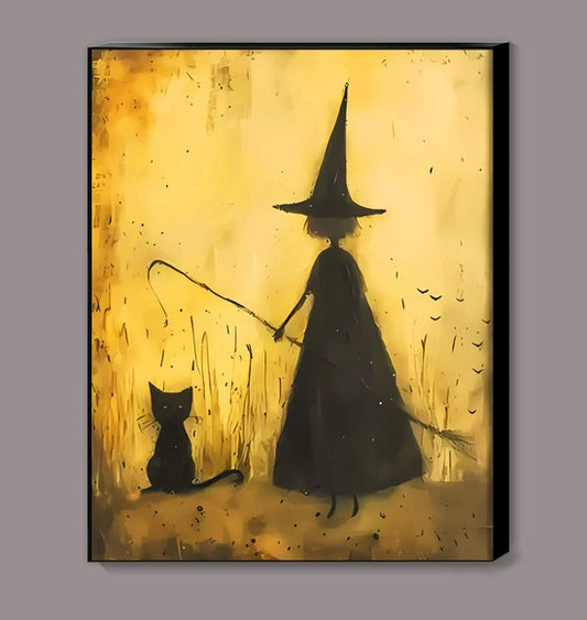 Vintage Witch Girl with Her Cat Canvas Print