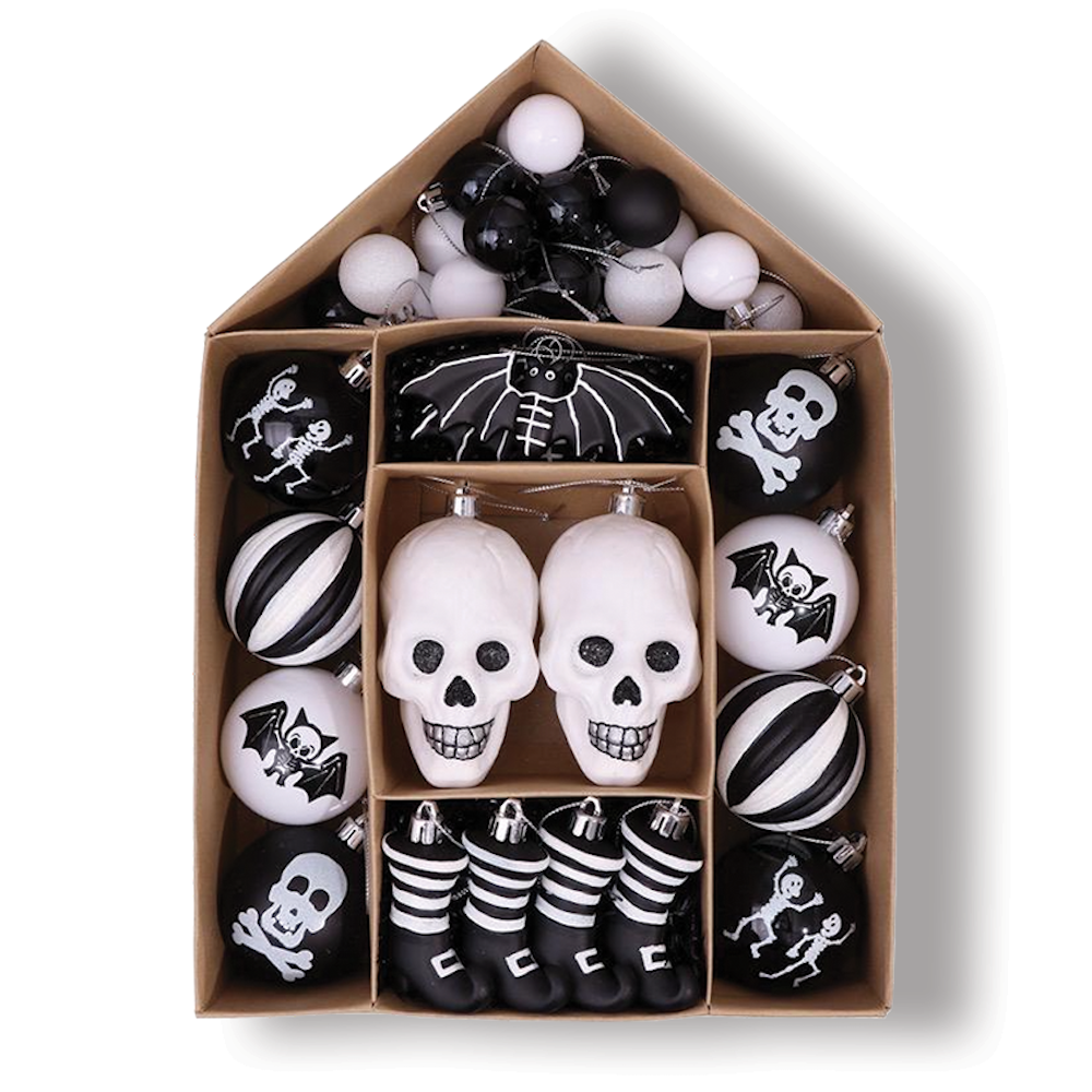 Halloween Skeleton Black and White Ornament Set