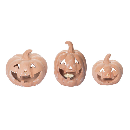 Ceramic 6.5" Orange Halloween Pumpkin Candle Holder Set of 3