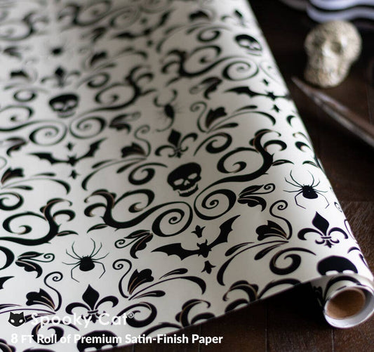 Skull Damask Gift Wrap - Bone (8ft Roll)